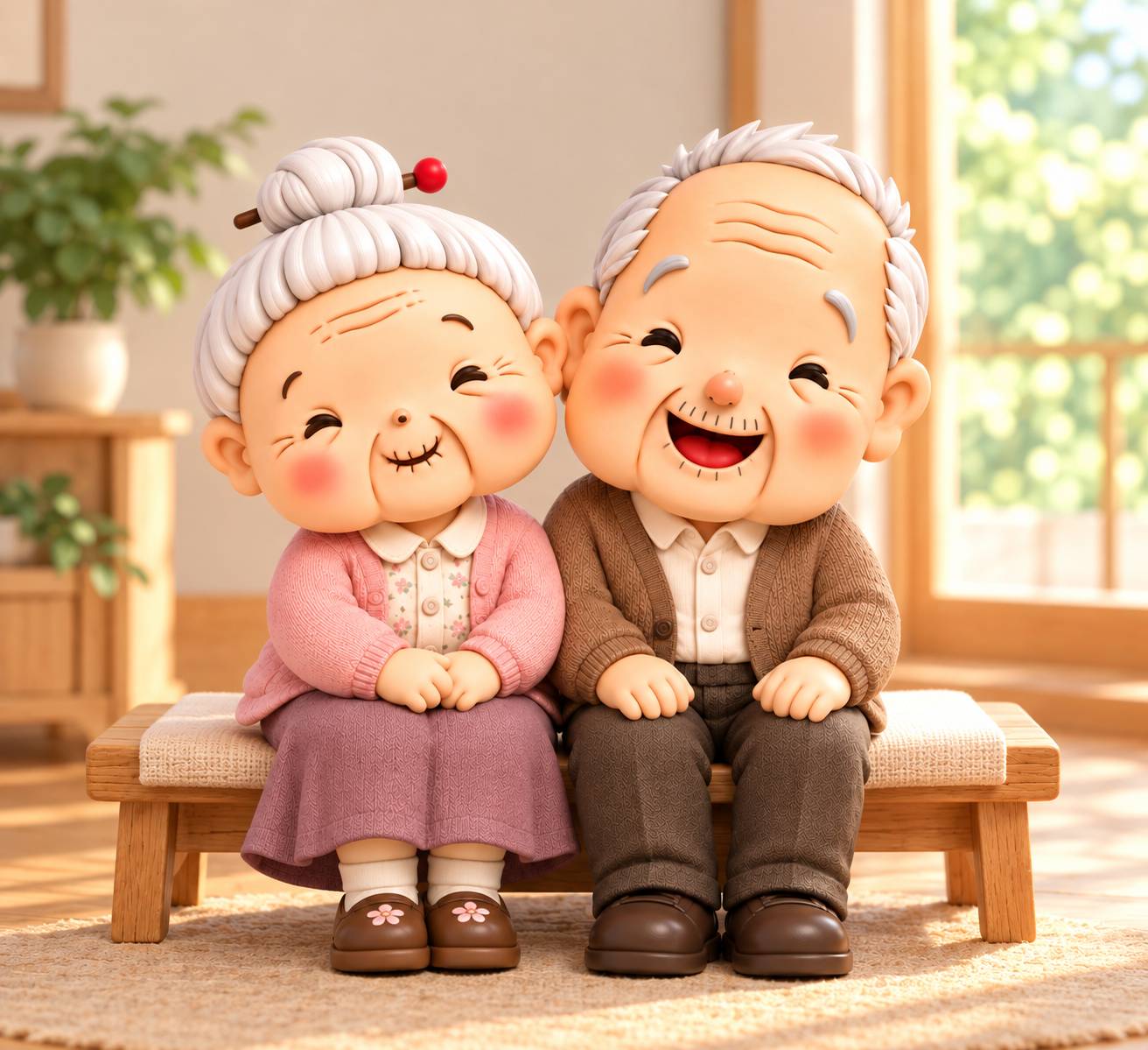 並んで座る、笑顔のおばあちゃんとおじいちゃん